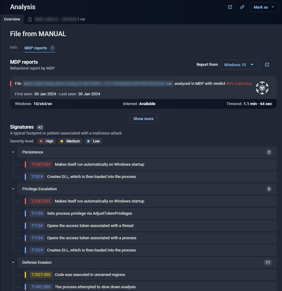 Results of detonating and analyzing a malicious archive